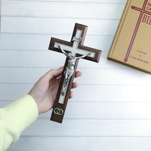 Needzo Walnut Wood Crucifix with Pewter Corpus and Wedding Rings, Marriage Gifts for Couples, Religious Ceremony, 10 Inches