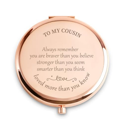 Personalized Gifts for Cousin, Inspirational Cousin Gifts for Birthday, Engraved Compact Mirror, Graduation Mothers Day Basket Stuffers - color: Cousin - Braver,stronger,smarter,loved