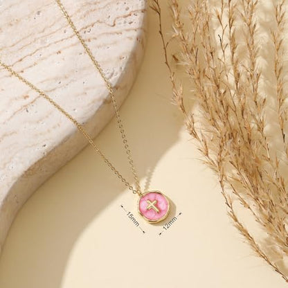 Gold Enamel Mini Cross Necklace Tiny Mother of Pearl Cross Necklace Religious Christian Gift for Baptism First Communion Christmas - color: bless this girl cross necklace-pink