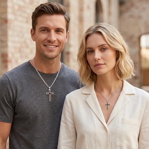 MRENITE Silver Natural Stone Cross Necklace, Classic Latin Cross Pendant Necklace for Unisex Women Man, Vintage Crystal Quartz Cross Necklace with 20+2 Inches Adjustable Cuban Chain - style: Tiger Eye