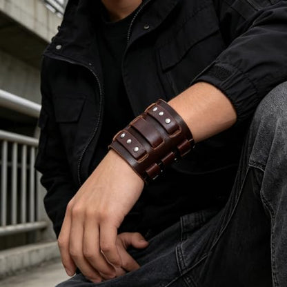 HZMAN Men's Alloy Genuine Leather Bracelet Bangle Cuff Adjustable - color: Brown