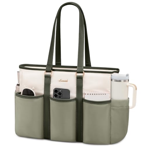 LOVEVOOK Work Tote Bag for Women With Large Cup Holder, Laptop Bag for Women, Utility Bag For Work/Travel/College/Daily, Professional Computer Purse Large Handbag With Multi Pocket - color: Green-beige-olive Green, size: 15.6 Inch