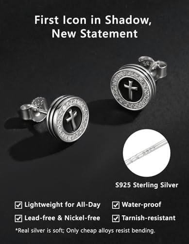 KRKC&CO Earrings for Men, Sterling Silver Earrings Studs, Hypoallergenic - color: Black F
