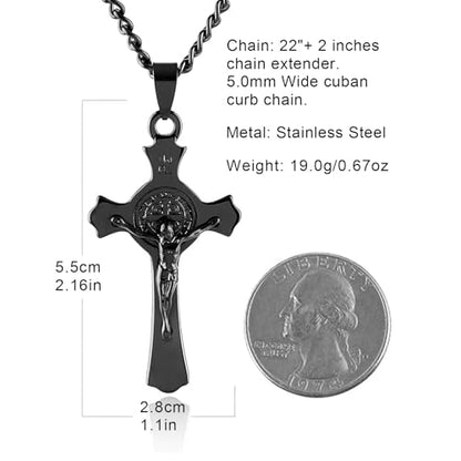 HZMAN Stainless Steel St. Benedict Crucifix Cross Necklace for Men - color: Standard Black