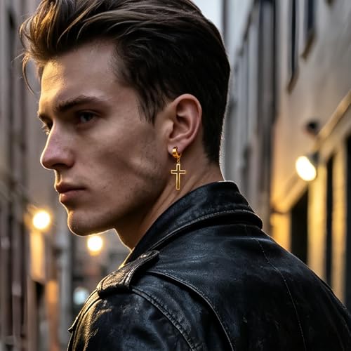 Gold Cross Earrings for Men - Stainless Steel Gold Plated | Hypoallergenic Dangle Cross Earrings Jewelry | Daily Wear & Birthday Gifts - color: Gold-Huggie
