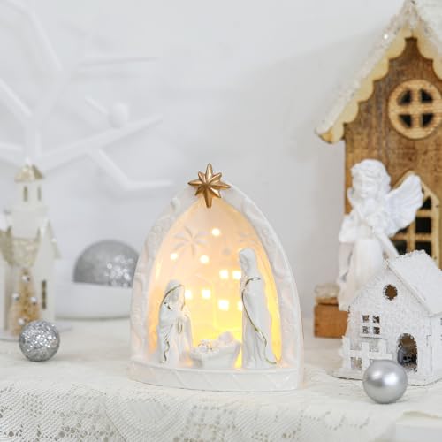 Cindeer Nativity Set for Christmas Indoor,Ceramic Nativity Scene with Light, Porcelain Statue Sculpted Hand Painted Figurine, Holy Family Manger Scene Tabletop Decor Gift(Classic) - style: Classic