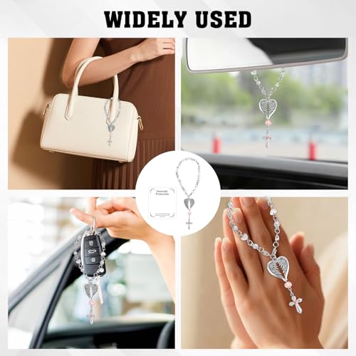 Cross Rearview Mirror Hanging Ornament, Car Interior Rosary Charm