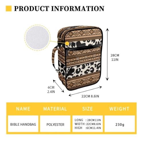 Coldinair Tribal Aztec Bible Covers for Women Men,Native Geometric Carrying Book Bible Case Cow Print Church Bag Bible Protective with Handle & Zippered Pocket - color: Tribal Aztec Geometric Cow Print