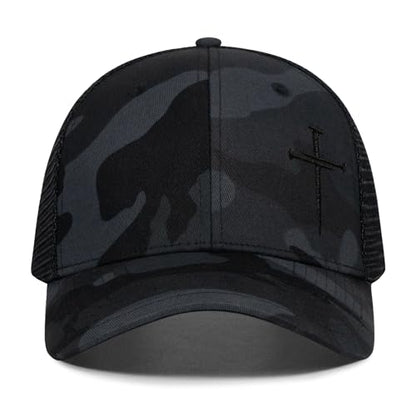 Christian Hats for Men Women,Jesus 3 Nail Cross Hat Christian Religious Gifts for Birthday/Christmas,Black and Silver - color: 594.camo-8