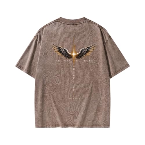 Christian Shirt for Men Women The Way The Truth The Life Angel Wings Cross Faith Vintage Washed Tee John 14:6 Bible Verse - color: Coffee, size: 3X-Large
