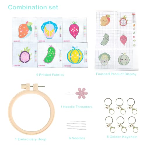 57lilina Easy Embroidery Kit for Kids Beginners, 6 Set Cute Stamped Pattern - color: Mango+Dragon Fruit+Cucumber+Sweet Potato+Cantaloupe+Cabbage