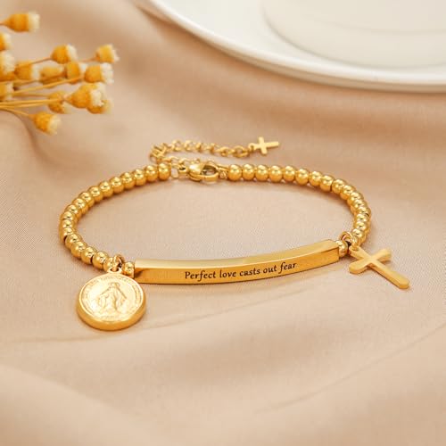 DS Women Christian Charm Bracelet,Cross Scripture Stainless Steel Jewelry - style: Perfect love casts out fear.-Gold