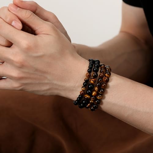 Mens Beaded Bracelets, 8MM Beaded Bracelets for Men, Natural Tiger Eye Bead Bracelet, Stretch Elastic Beads Bracelets for Men - color: 4 tiger eye black agate