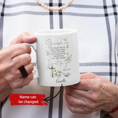 Flower And Cross Accent Cup, Custom Name Religious Mug, Christian Themed Cup 11oz 15oz, Personalized Bible Coffee Mug, Gift For Women On Holiday, Customized Christian Ceramic Mug - color: XUA-624-2341-Guide Me Psalm