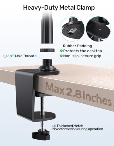 19" Gooseneck Microphone Stand for Desk, Clamp-On Arm with Heavy-Duty Clamp - size: Heavy-Duty Clamp