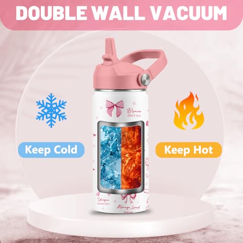 Christian Gifts, Pink Bow Water Bottle with Straw Lid, 16 oz Insulated Stainless Steel, Christian Cups Gifts for Birthday Christmas - color: Christian