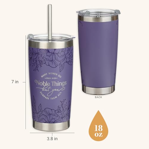 Christian Art Gifts Large Stainless Steel Insulated Travel Mug Tumbler & Reusable Straw: Women Do Noble Things Inspirational Scripture, Sturdy Flip Lid, Double Wall Vacuum, Cute Purple Floral, 18 oz. - color: Purple Floral/Noble Things