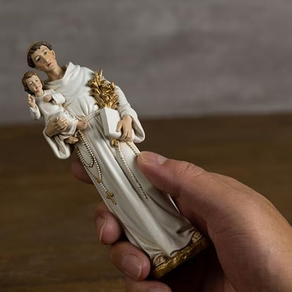 BC Catholic St. Anthony Statue, 6" H Blessed Saint Figure - color: Gold&white St. Anthony