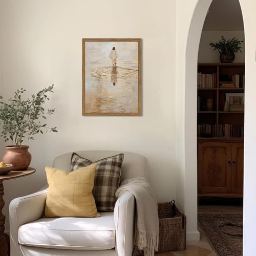 Hwetui Framed 3D Textured Christian Wall Art,Jesus Walking on Water Painting,Hand-Drawn Sandstone Picture,I Will Walk with Christ Religious Home Decor for Living Room Bedroom Church Prayer Room16x24in - color: Beige, size: 24"L x 16"W