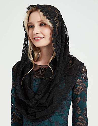 YHDDYG Infinity Veil for Catholic Mass Lace Infinity Scarf Church Veil for Girls Mantilla Infinity Veils Roses S97 - color: Black Infinity