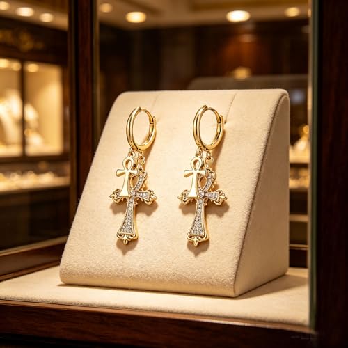 HZMAN Double Ankh Cross Huggie Hoop Earrings for Women, Brass Dangle Earrings with Cubic Zirconia, Vintage Baroque Religious Jewelry Gift