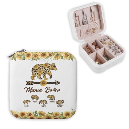 Artsadd Mothers Day Mom Gifts from Daughter Son, Personalized Jewelry Box, Mama Bear Print Portable Small Travel Jewelry Organizer Case with Kids Name, Custom Gifts for Women, Mom, Grandma Birthday - color: Mother-2
