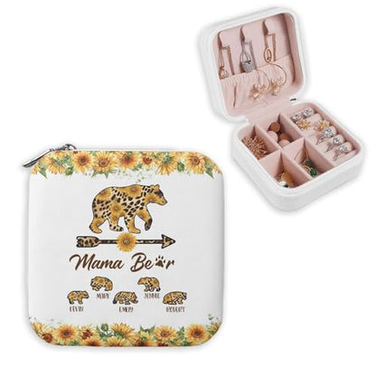 Artsadd Mothers Day Mom Gifts from Daughter Son, Personalized Jewelry Box, Mama Bear Print Portable Small Travel Jewelry Organizer Case with Kids Name, Custom Gifts for Women, Mom, Grandma Birthday - color: Mother-2