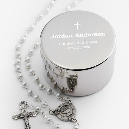 Personalization Universe Confirmation Cross Personalized Rosary Case – Custom Name, Message & Date – Silver-Plated Keepsake Box