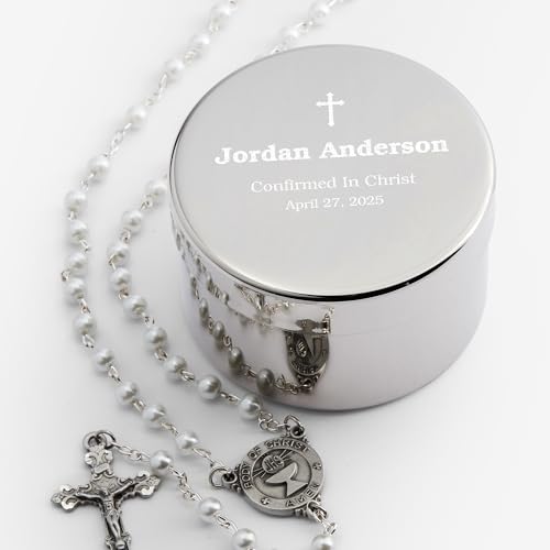Personalization Universe Confirmation Cross Personalized Rosary Case – Custom Name, Message & Date – Silver-Plated Keepsake Box