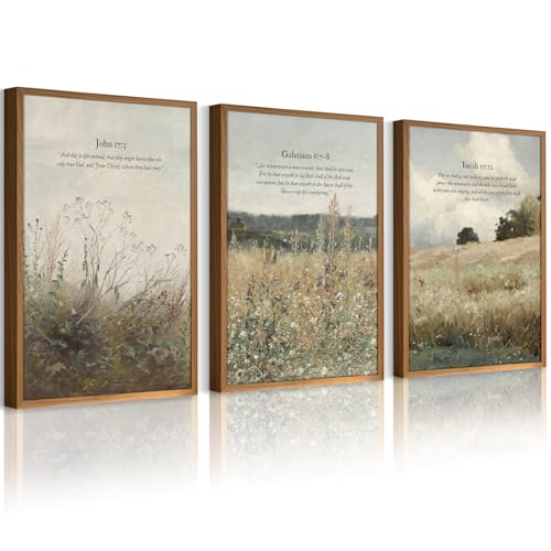 Christian Wall Art Bible Verse Canvas Poster Wildflower Wall Decor Scripture Wall Art Landscape Painting Vintage Field Prints Farmhouse Picture for Bedroom Bathroom 12x16 Inch Unframed Set of 3 - color: John Prints, size: 12"x16" Unframed