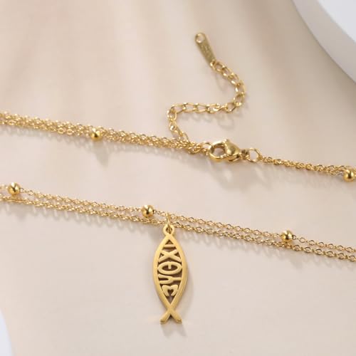 Ichthus Necklace for Women Christian Jesus Fish Necklace Christ Fish Cross Ichthys Pendant Necklace Ichthus Fish Religious Symbol Pendant Christian Jewelry Gift - color: Jesus Fish 2 gold