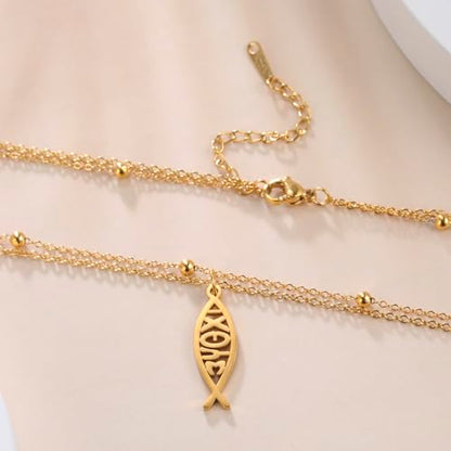 Ichthus Necklace for Women Christian Jesus Fish Necklace Christ Fish Cross Ichthys Pendant Necklace Ichthus Fish Religious Symbol Pendant Christian Jewelry Gift - color: Jesus Fish 2 gold