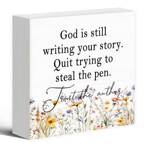 God Is Still Writing Your Story,Wood Box Sign Desk Decor, Christian Scripture Bible Verse Prayer Room Decor Block Sign Decorations for Home Office Wall Tabletop Shelf - color: Colour 03, size: 5 x 5 in