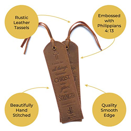 Leather Bible Bookmarks - 2 Leather Christian Bookmarks with Inspirational Bible Verse | Philippians 4: 13 I Can Do All Things Through Christ | Religious Book Marker Gifts for Men, Women and Readers - style: Philippians 4:13