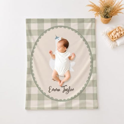Personalized Goose Baby Blanket, Sage Gingham Nursery Throw Gift - color: #Ver9