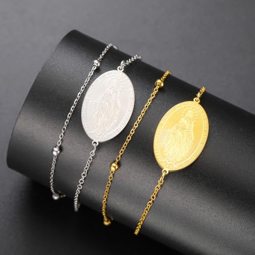 TEAMER Dainty Virgin Mary Rosary Bracelet Mother Mary Double Layer Beads Chain Bracelet Religious Faith Protection Jewelry For Women Men - color: Silver