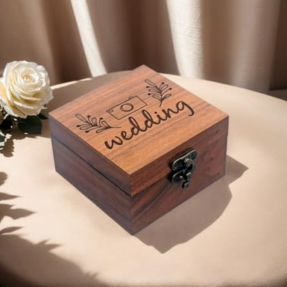 Handmade Walnut Wood Wedding Keepsake Box – 3.7"x3.7"x2.17" Jewelry Storage Gift Box with Engraved Camera & Floral Design – Ideal for Rings, Watches – Perfect for Wedding, Birthday, Christmas