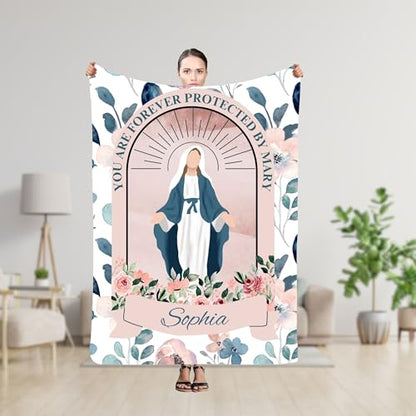 Baptism Present For Boys Blanket, Custom Marian Blanket, You Are Forever Protected By Mary, Throw Quilt For Children, Personalized Name Coverlet, Goddaughter Christening Blankets, Communion Gifts - color: #Ver2