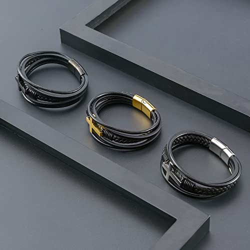 Fahonie Cross Leather Bracelet for Men Women 316L Stainless Steel with 18K Gold Plated Christ Jesus Multi-layer Handmade Christian Bracelet,7.5/8/9 Inches - color: Silver