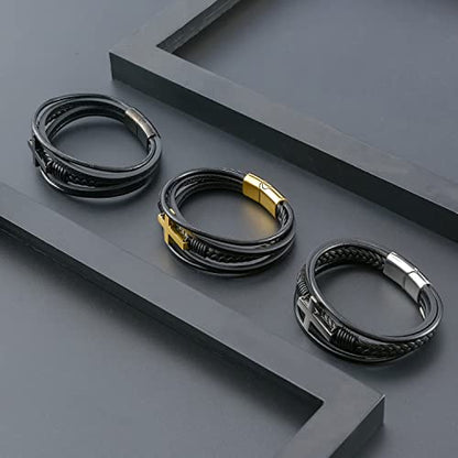 Fahonie Cross Leather Bracelet for Men Women 316L Stainless Steel with 18K Gold Plated Christ Jesus Multi-layer Handmade Christian Bracelet,7.5/8/9 Inches - color: Silver