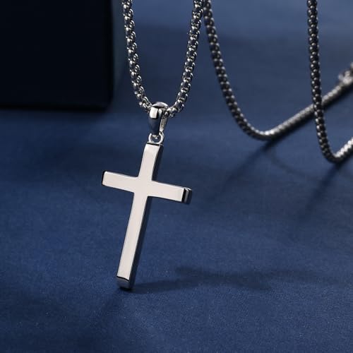 Small Dainty Cross Pendant Necklace 925 Sterling Silver for Women with 18", 20" Sturdy Chain 14K White Gold Plated - size: 20" Chain, style: Cuboid