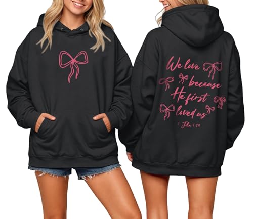Christian Bow Hoodies for Women Cute Bow Print Sweatshirt Bible Verse Graphic Hoodie Religious Pullover Sweatshirts - color: Black, size: XX-Large