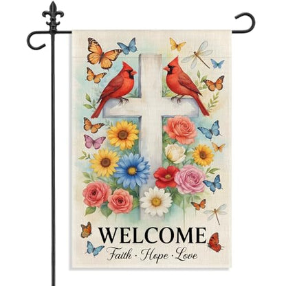 Welcome Faith Hope Love 12 x 18 Inch Cardinal Garden Flag - color: White