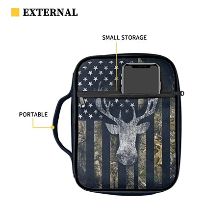 Suobstales Deer Bible Covers for Women Men Bible Case Camo American Flag Bible Bag Bible Accessories with Handle and Zippered Pocket Bible Tote Bag for Kids - color: Deer American Flag