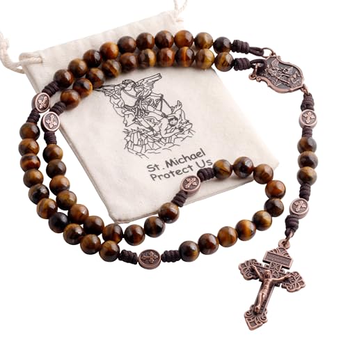 HanlinCC Stone Beads St.Michael Paracord Catholic Rosary with Bag for Men - style: Tiger Eyes