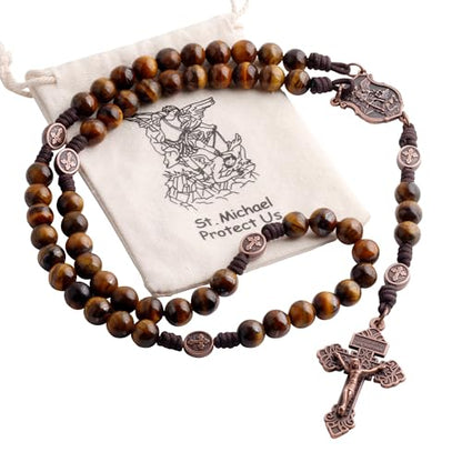 HanlinCC Stone Beads St.Michael Paracord Catholic Rosary with Bag for Men - style: Tiger Eyes