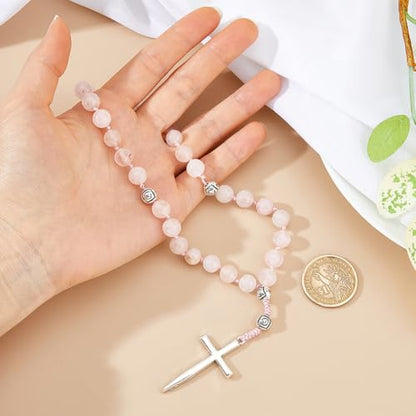 SUPERFINDINGS Prayer Beads Rose Quartz Prayer Rosary Pink Natural Stone Rosary Beads with Cross 8mm Bead Anglican Rosaries for Catholic Christian Confirmation Gifts, Length:22.8cm/9in