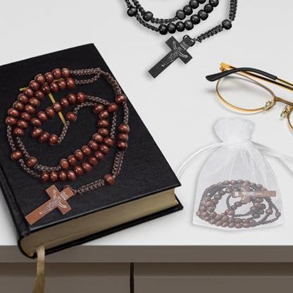 120 Set Wooden Rosary Beads Bulk Wood Catholic Rosaries Jesus Holy Cross First Communion Wood Carved Rosary with Organza Bags Religious Rosaries Catholic Baptism Church Present for Men Women Supplies