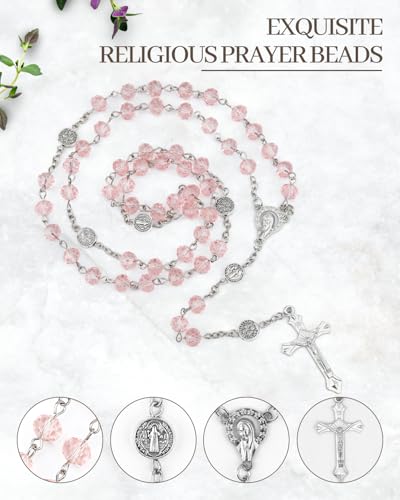 Rosary Beads for Women - Catholic Rosary Beads with Cross, Pink Crystal Rosary Necklace with Velvet Pouch, Religious Gifts for Women - color: Pink