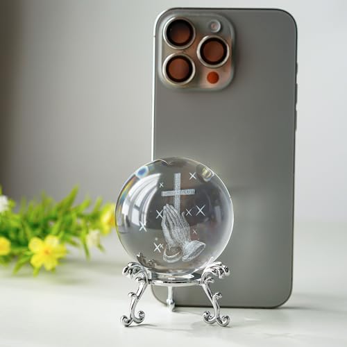 2.3in Praying Hands Cross Crystal Ball with Stand Christian Gift Decor - style: Prayer Cross